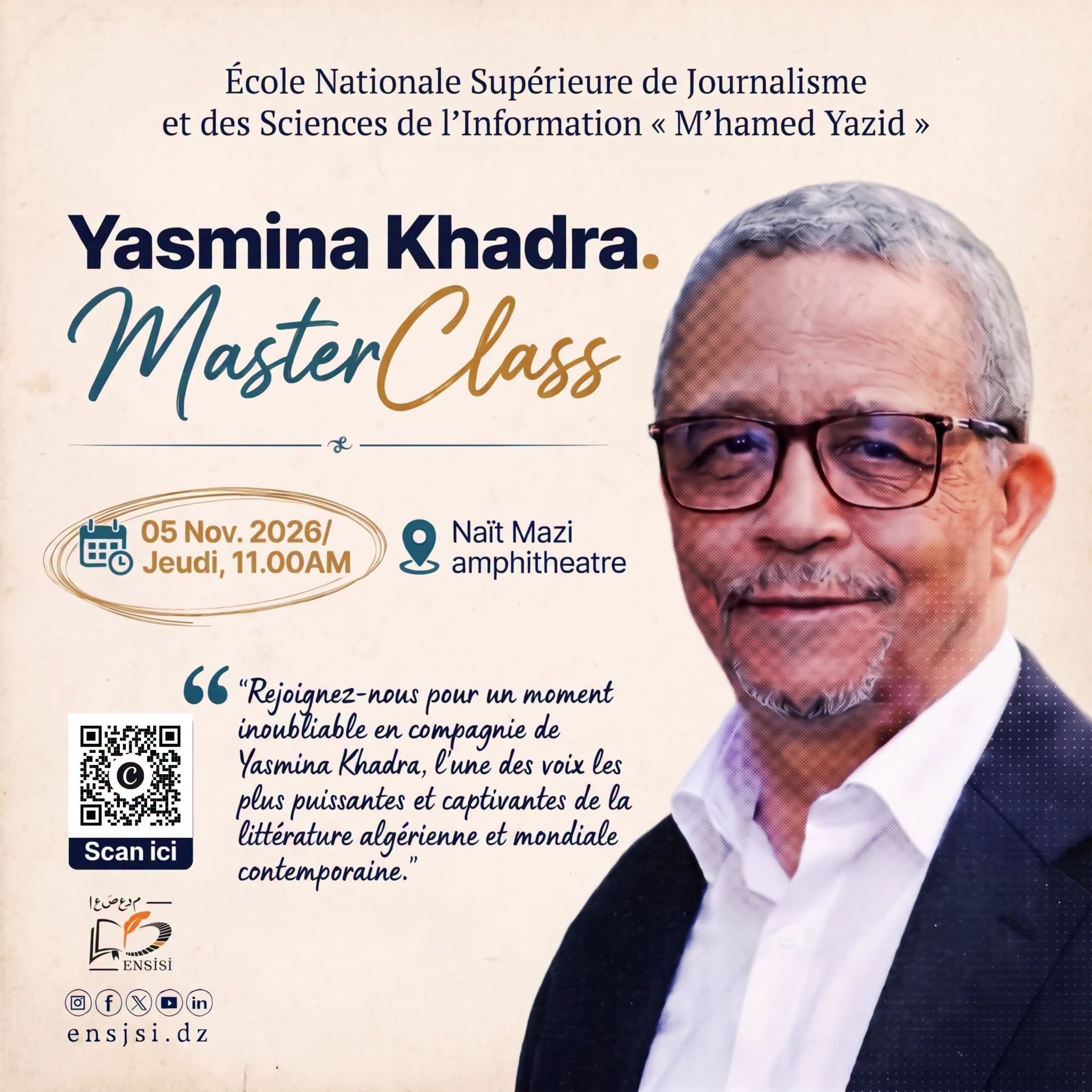 Rencontre littéraire et intellectuelle avec l’écrivain et romancier algérien Yasmina Khadra – Master Class